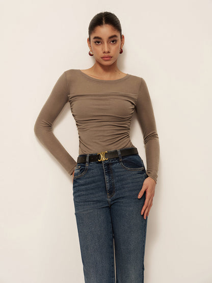 Şık Uzun Kollu Slim Fit Plise Tişört