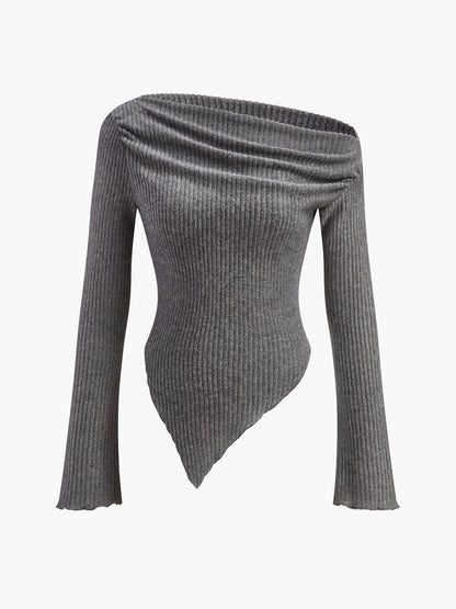 Şık Asimetrik Dar Kesim Soğuk Omuzlu Triko Üst