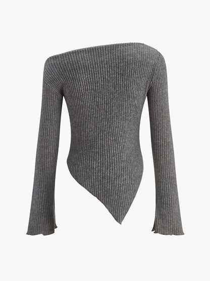 Şık Asimetrik Dar Kesim Soğuk Omuzlu Triko Üst