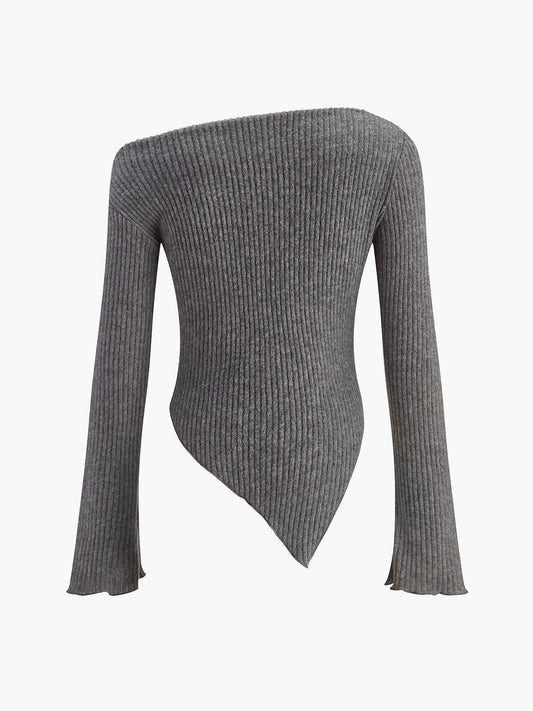 Şık Asimetrik Dar Kesim Soğuk Omuzlu Triko Üst