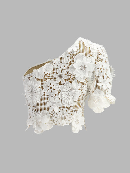 Şık Asimetrik Çiçek Desenli Dantel Üst ve Etek Takımı