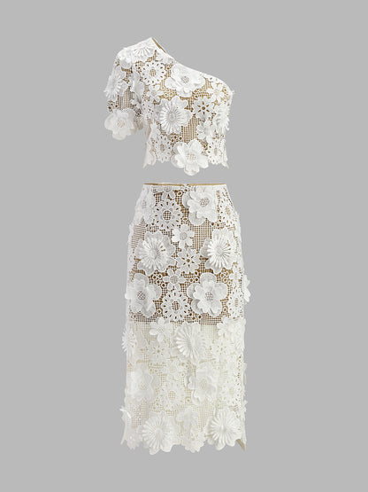 Şık Asimetrik Çiçek Desenli Dantel Üst ve Etek Takımı