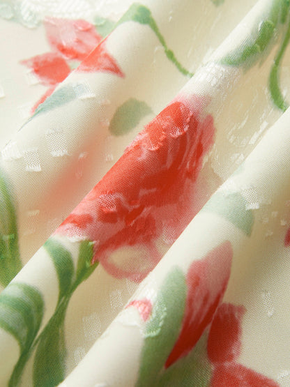 Şık Çiçekli Fırfırlı Elbise, Şık Düğme Detaylarıyla