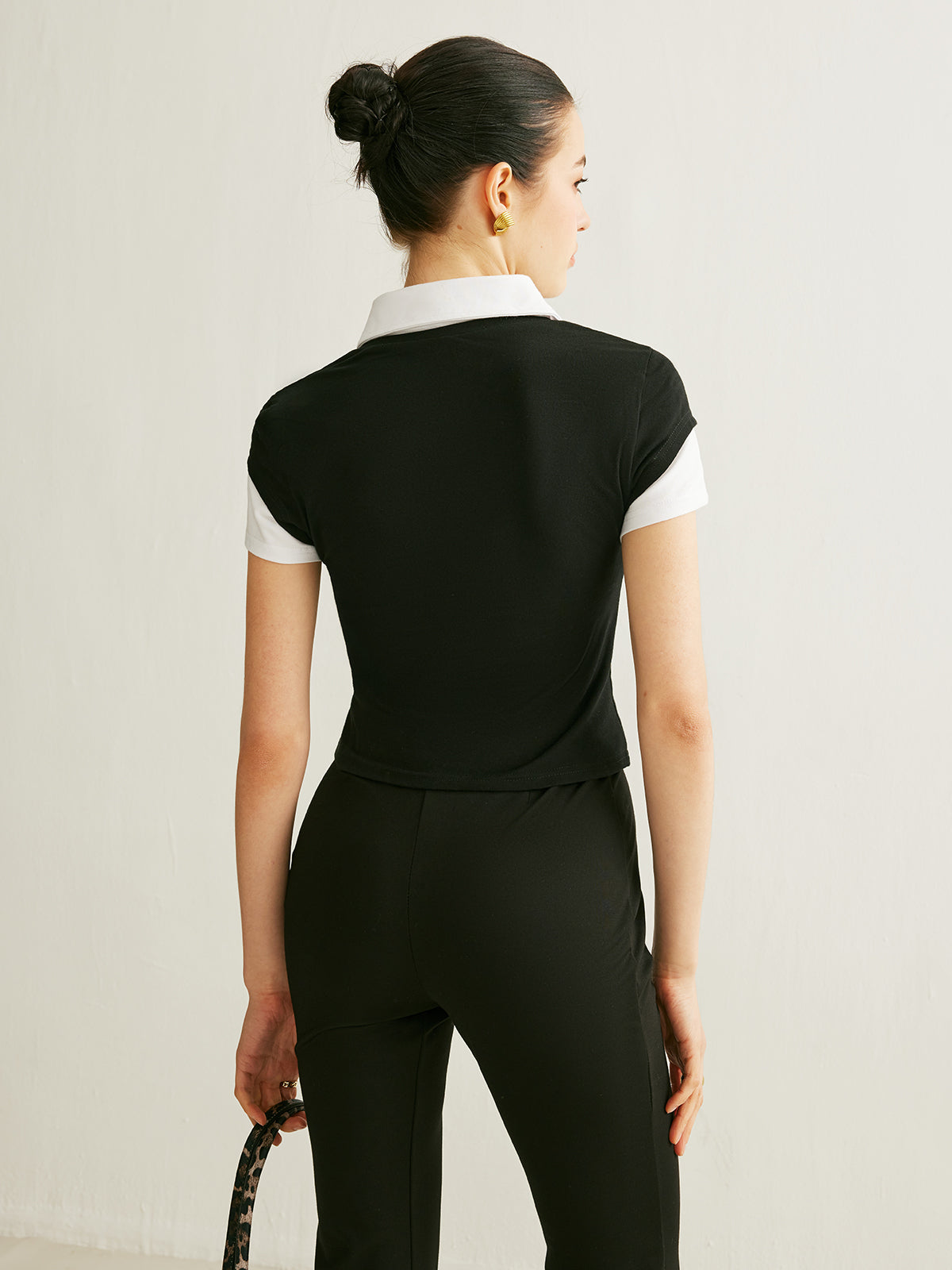 Renk Bloklu Polo Yaka Kısa Kollu Üst Siyah Slim Fit