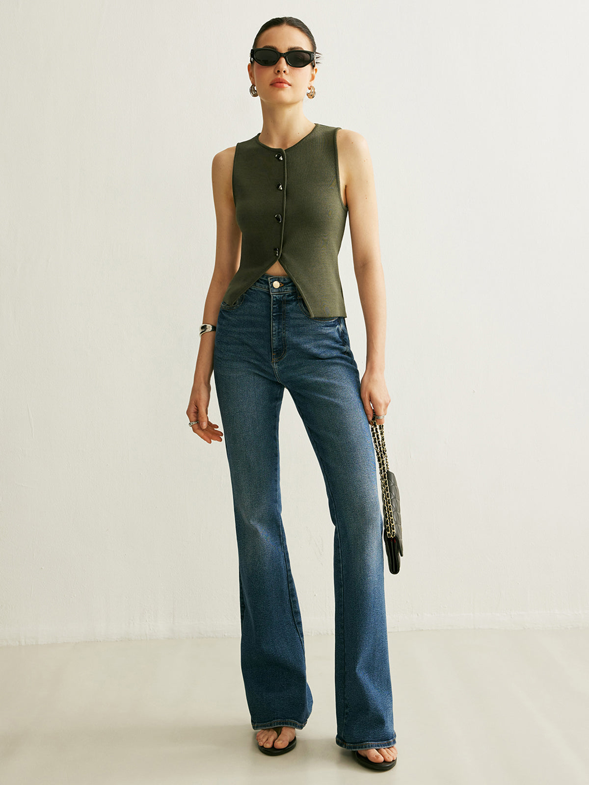 Düğmeli Triko Yelek Kolsuz Asker Yeşili Regular Fit