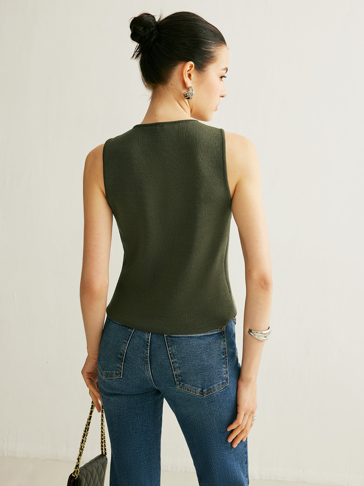 Düğmeli Triko Yelek Kolsuz Asker Yeşili Regular Fit