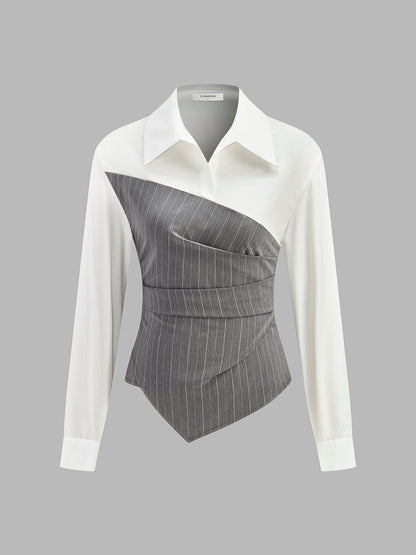 Modaya Uygun Renk Bloklu Asimetrik Çizgili Gömlek