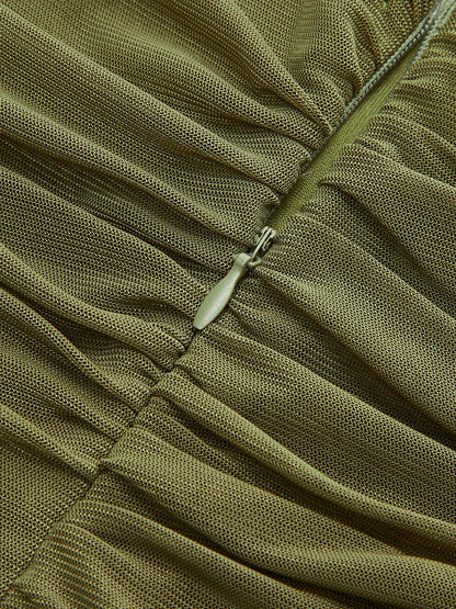 Şık Büzgülü Asimetrik Elbise File Kenar Detayıyla