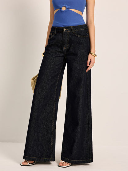 Şık Yüksek Bel Geniş Paça Denim Pantolon