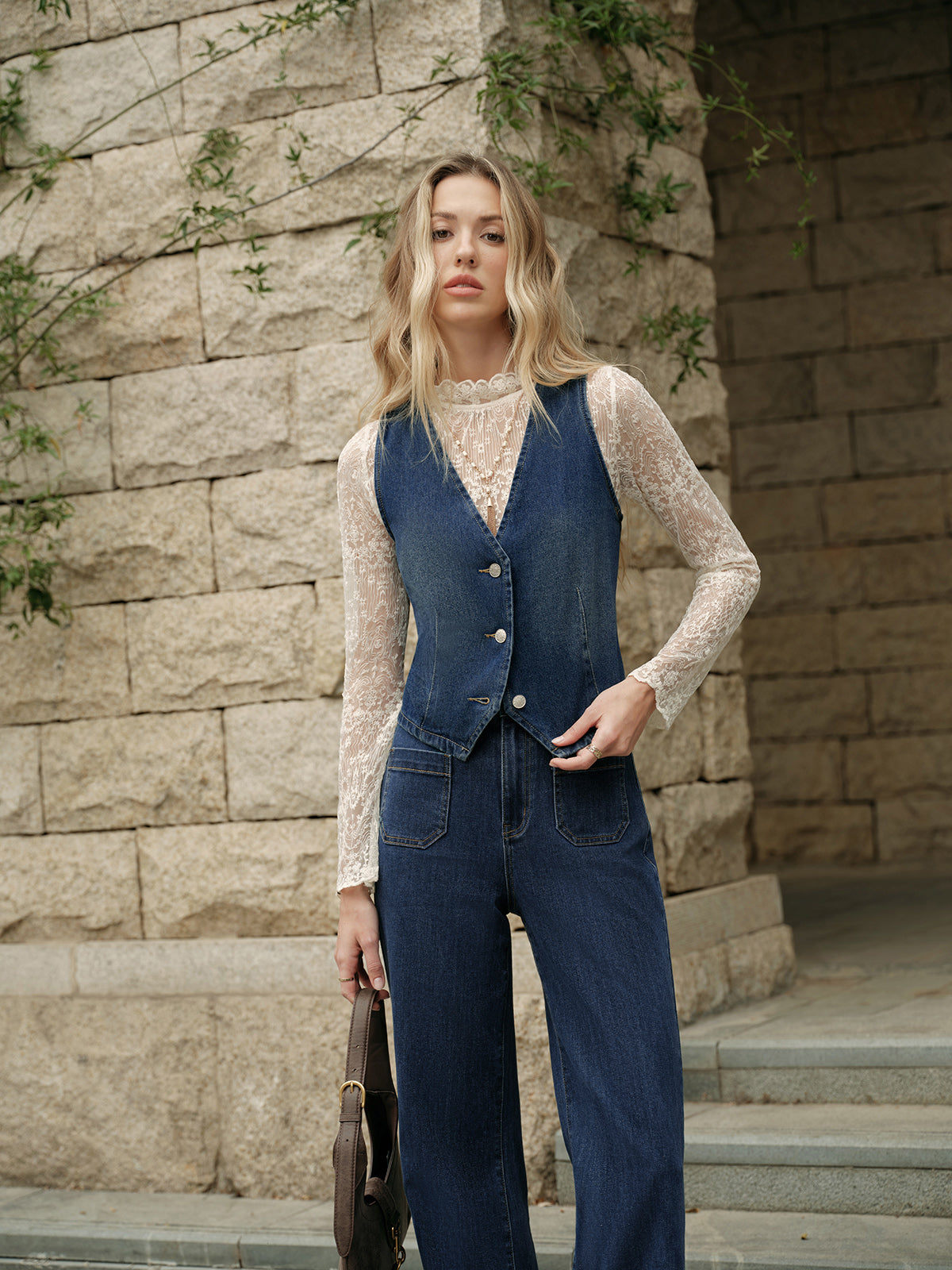 Denim Kolsuz Yelek Mavi V Yaka Regular Fit