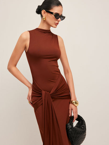 Şık Kıvrımlı Düğümlü Kolsuz Abiye Maxi Elbise