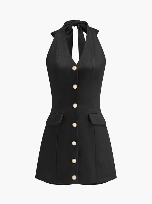 Şık Düğmeli Ön Halter Tulum ile Zahmetsiz Şıklık