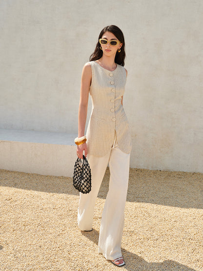 Şık Kolsuz Düğmeli Yelek, Yumuşak Pamuk ve Keten Karışımı