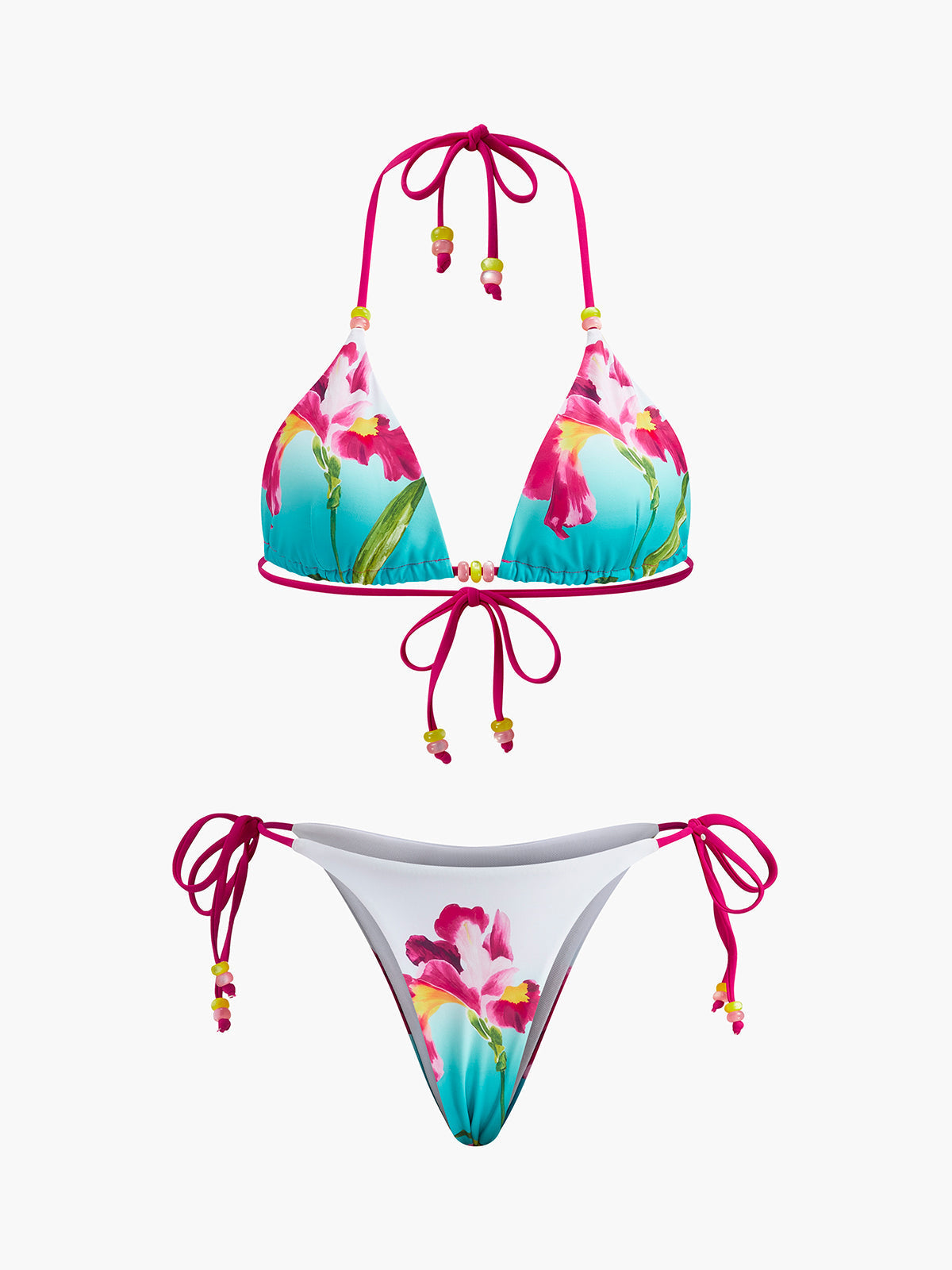 Çiçekli Boncuklu Bikini Takımı Çok Renkli Halter