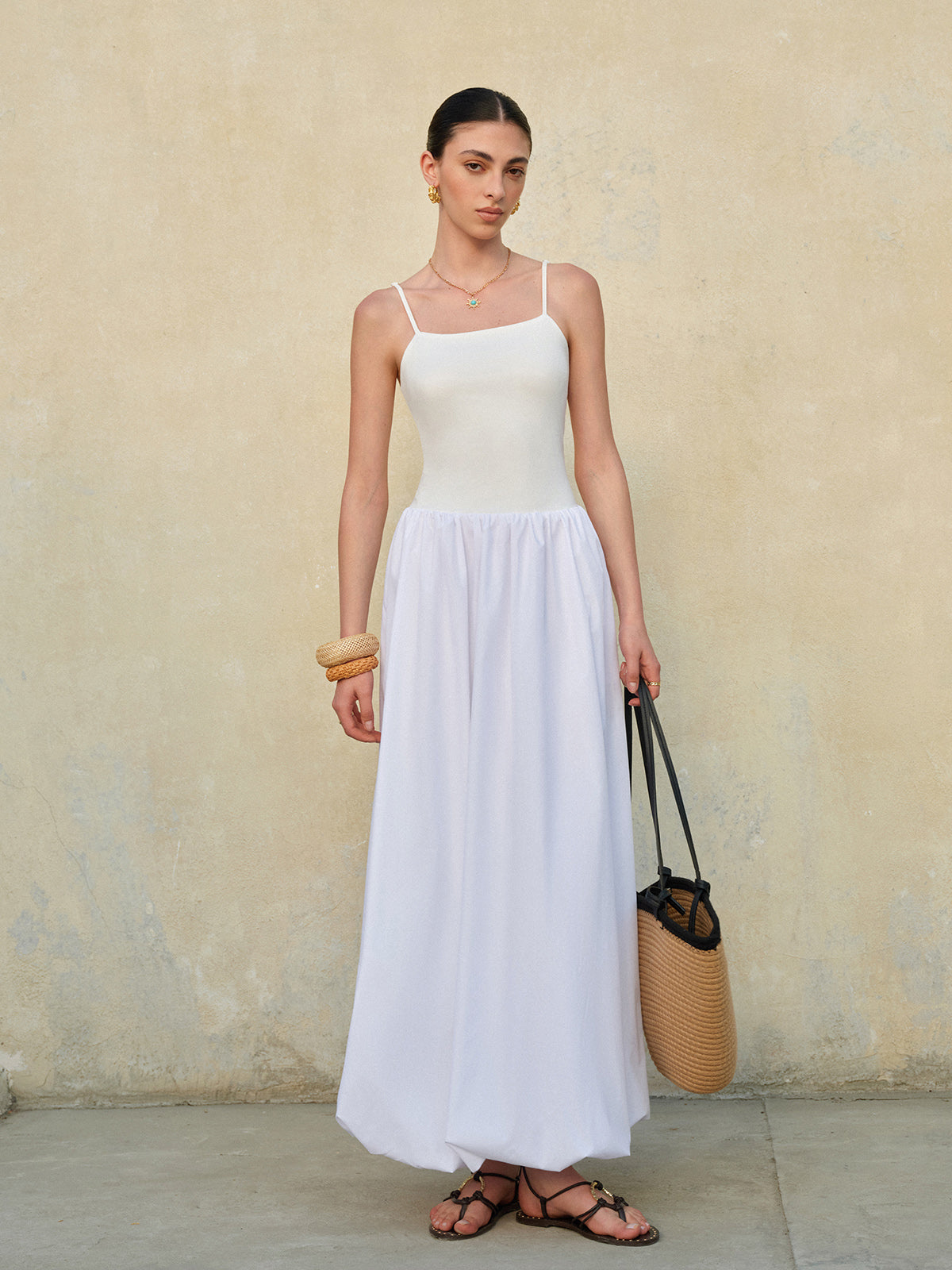Askılı Balon Etek Maxi Elbise Beyaz Ayarlanabilir