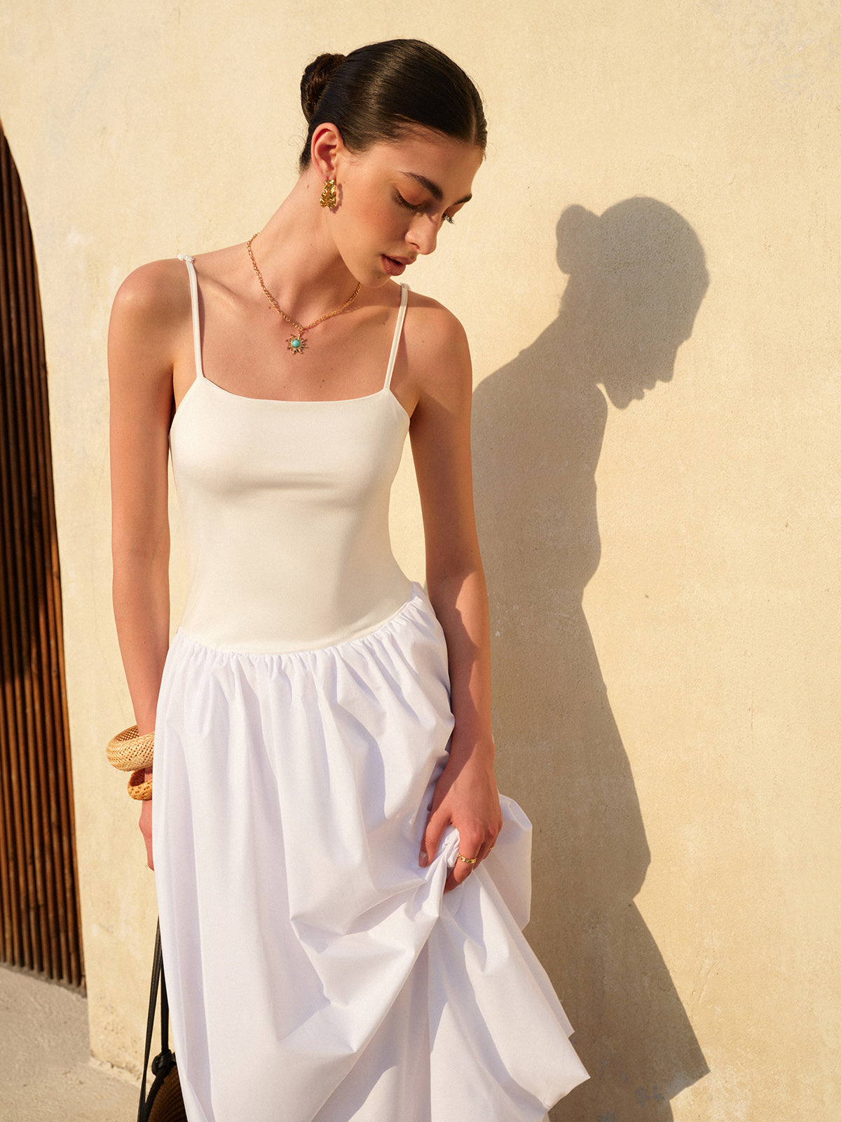 Askılı Balon Etek Maxi Elbise Beyaz Ayarlanabilir
