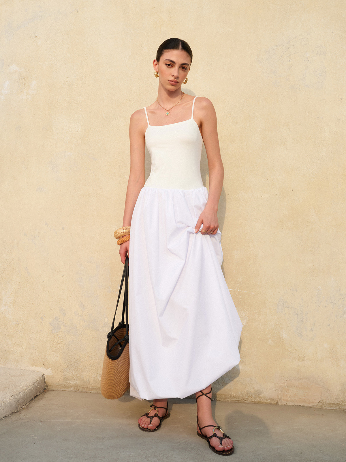 Askılı Balon Etek Maxi Elbise Beyaz Ayarlanabilir