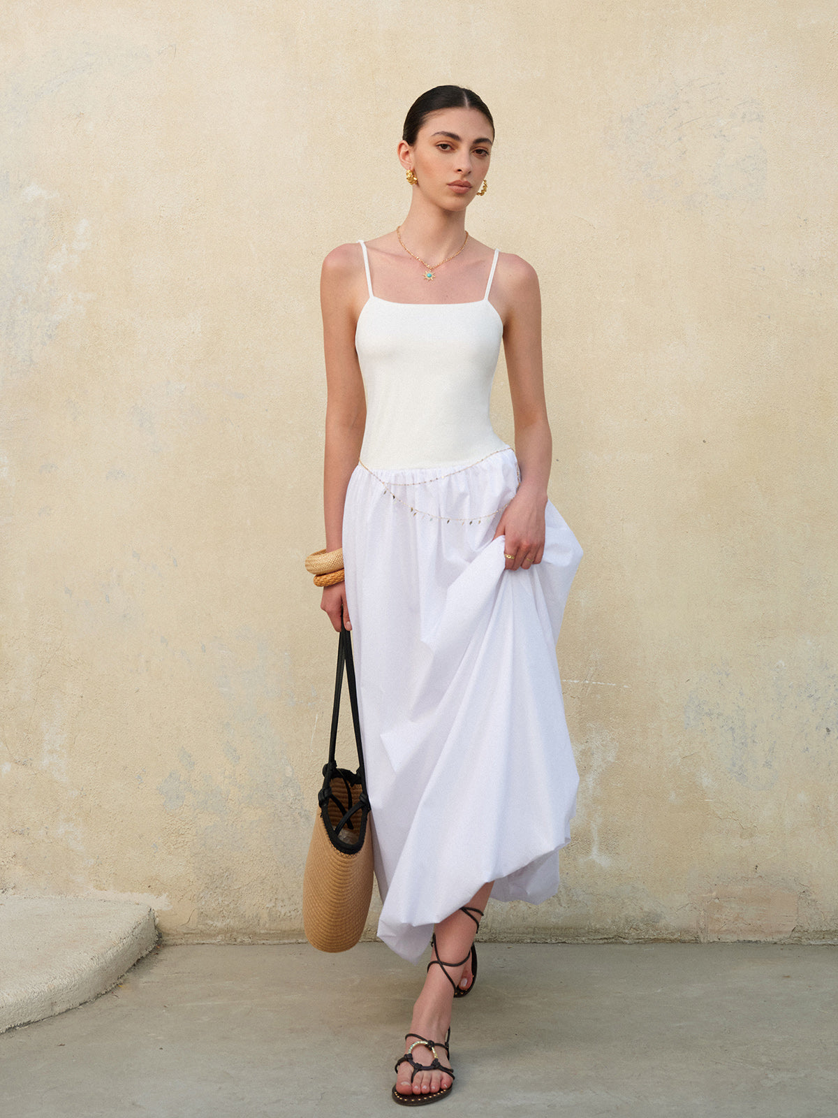 Askılı Balon Etek Maxi Elbise Beyaz Ayarlanabilir