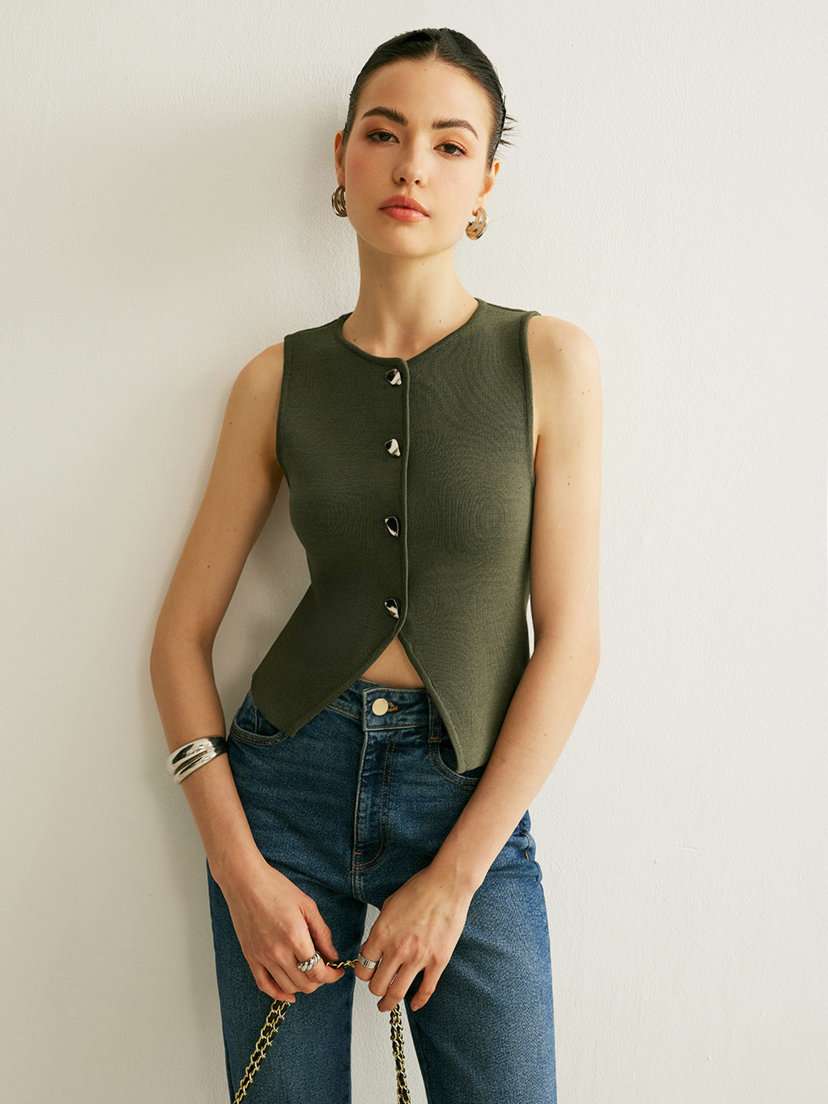 Düğmeli Triko Yelek Kolsuz Asker Yeşili Regular Fit