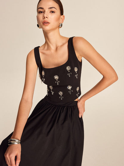 Şık Çiçekli Kristal Arkadan Fermuarlı Bluz