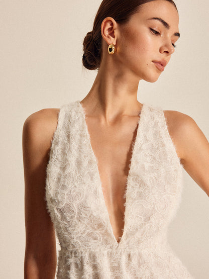 Şık Boho Derin V-Yaka Dantel Abiye Elbise