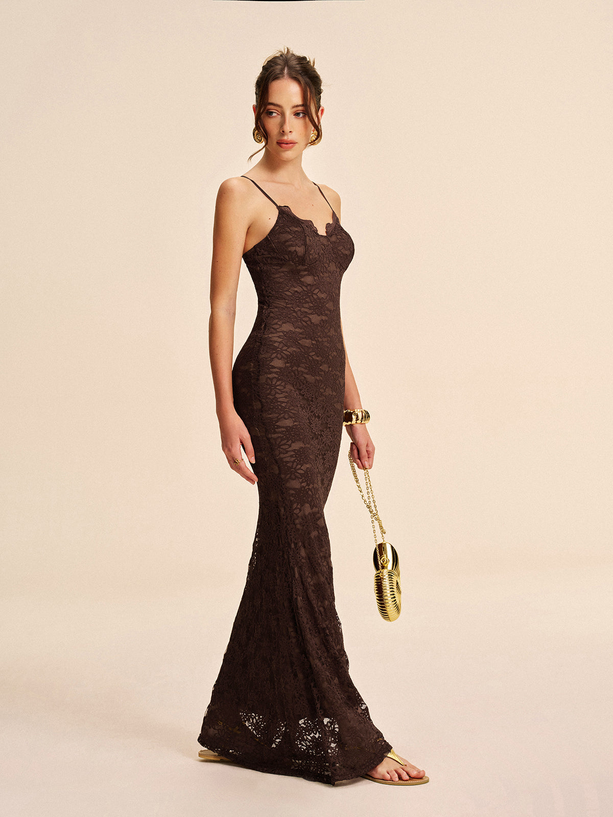 Dantel Askılı Maxi Elbise Koyu Kahverengi Soğuk Omuz