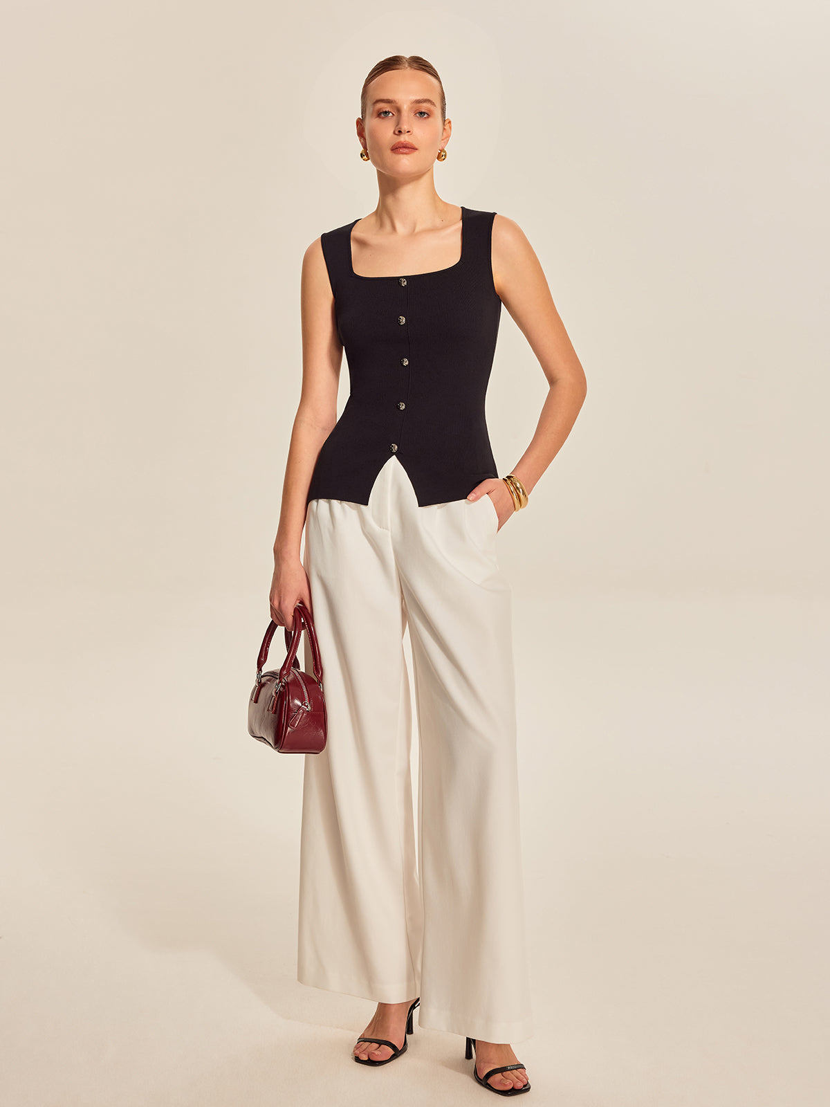 Şık Düğme Önü Kare Yaka Bluz