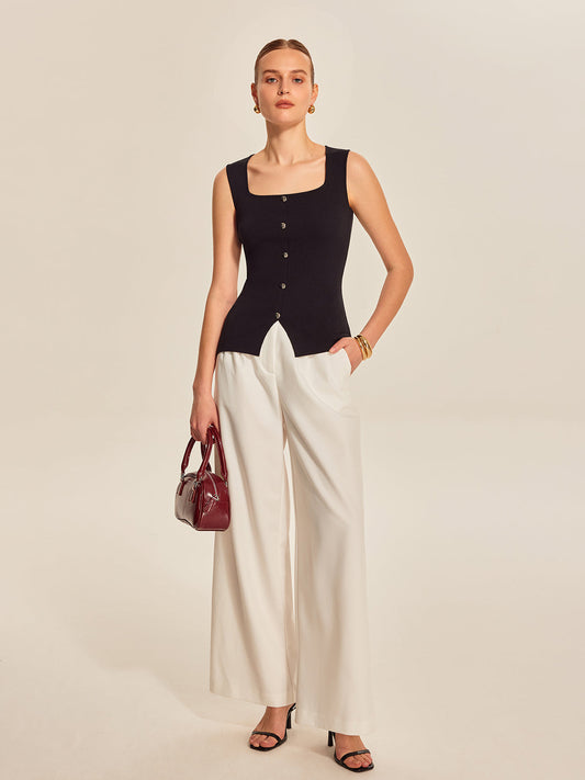 Şık Düğme Önü Kare Yaka Bluz