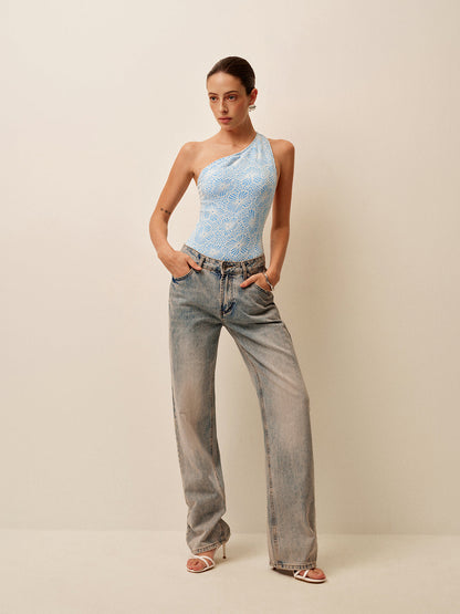 Şık Asimetrik Dantel Kesim Sırt Monokini