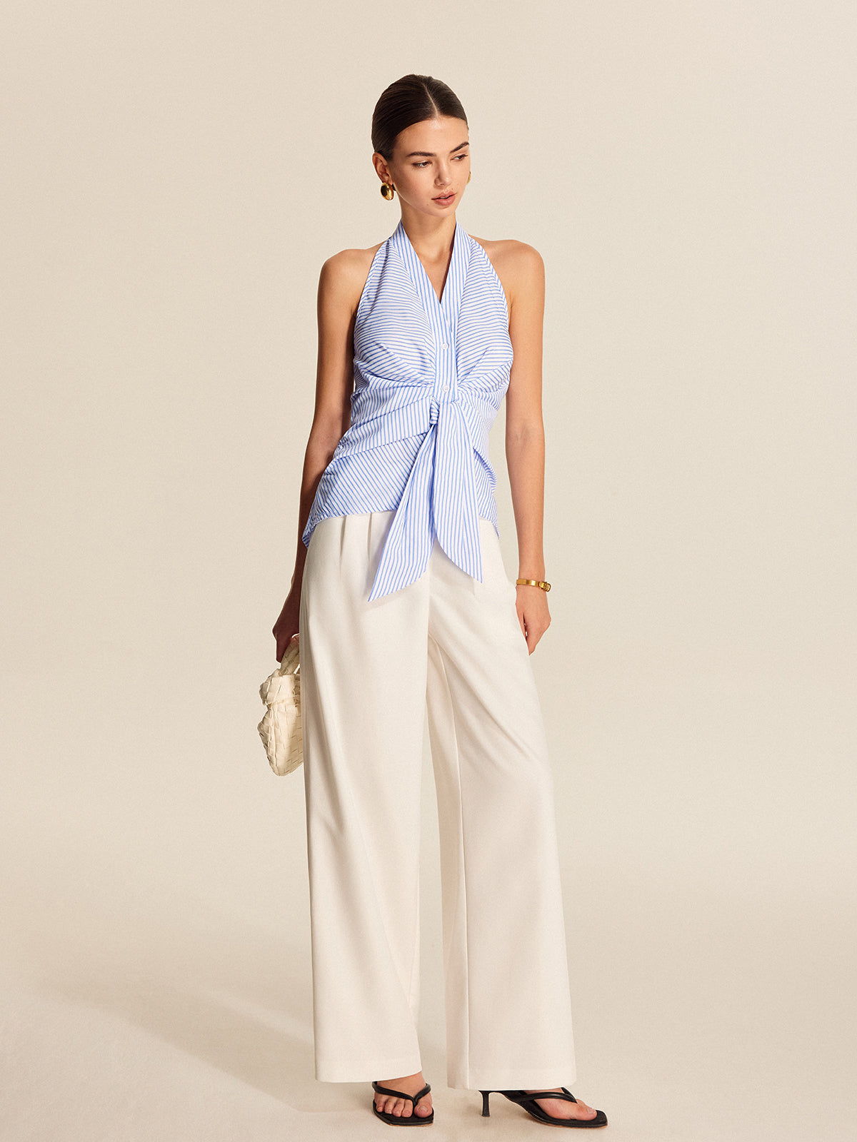 Şık Çizgili Halter Yaka Kravat Bluzu