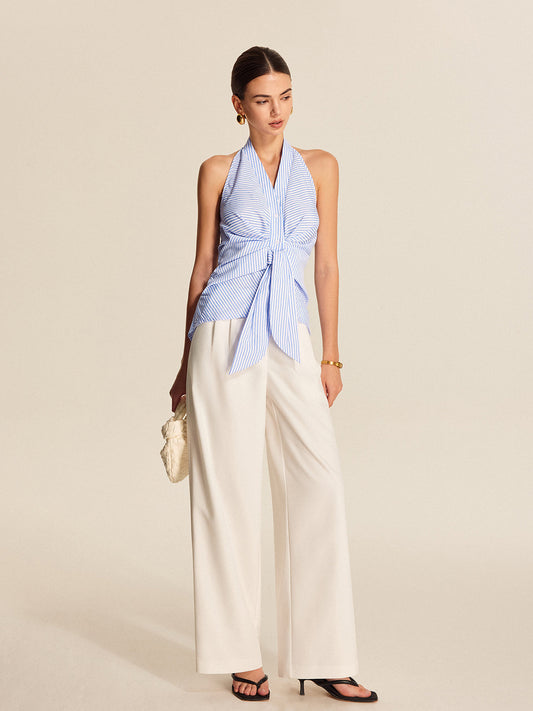 Şık Çizgili Halter Yaka Kravat Bluzu