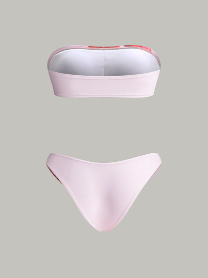 Şık Kapama Eteği ile Sevimli Çiçek Desenli Bandeau Bikini Seti
