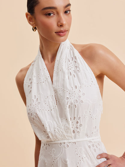 Şık Halter Yaka Göz Detaylı Kemerli Abiye Midi Elbise