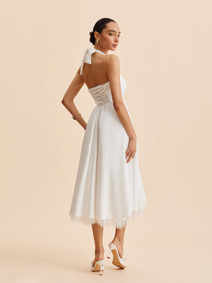 Şık Halter Sırt Dekolteli Kolsuz Abiye Elbise Fermuar Detayı ile