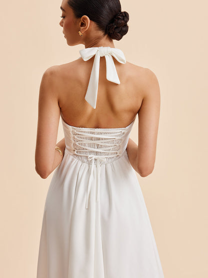 Şık Halter Sırt Dekolteli Kolsuz Abiye Elbise Fermuar Detayı ile