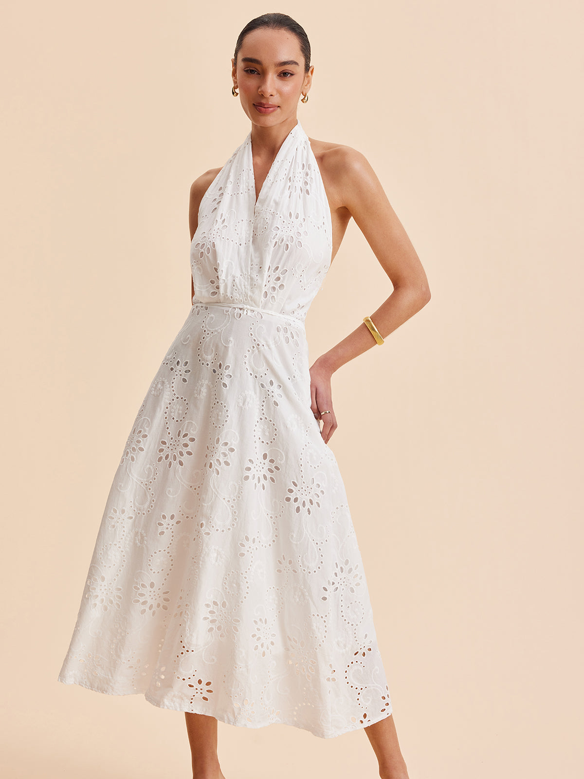 Şık Halter Yaka Göz Detaylı Kemerli Abiye Midi Elbise