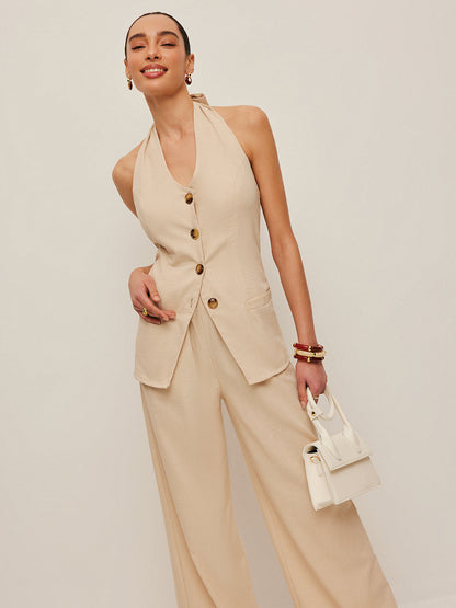 Şık Halter Yaka Fiyonk Detaylı İki Parça Pantolon Takımı