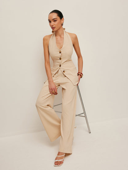 Şık Halter Yaka Fiyonk Detaylı İki Parça Pantolon Takımı
