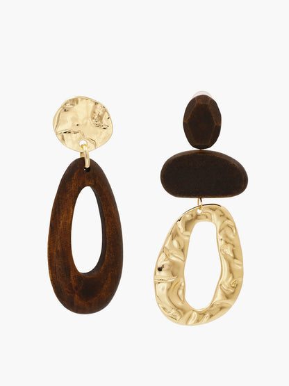 Şık Asimetrik Ahşap ve Metal Damla Küpe