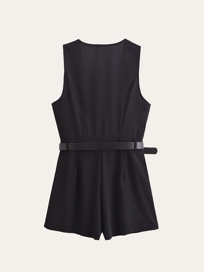 Şık Altın Düğme Detaylı Kuşaklı Tulum