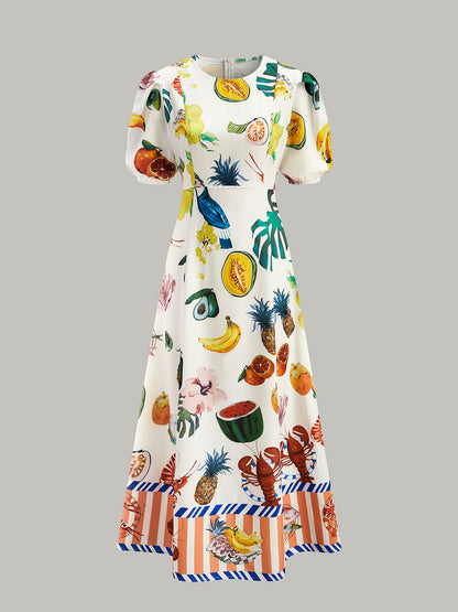 Şık Bohem Tarzı Büzgülü Kol Elbise Göz Alıcı Baskı ile