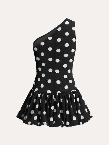 Şık Tek Omuzlu Puantiye Peplum Elbise ile Kolayca Şıklık Sağlayın