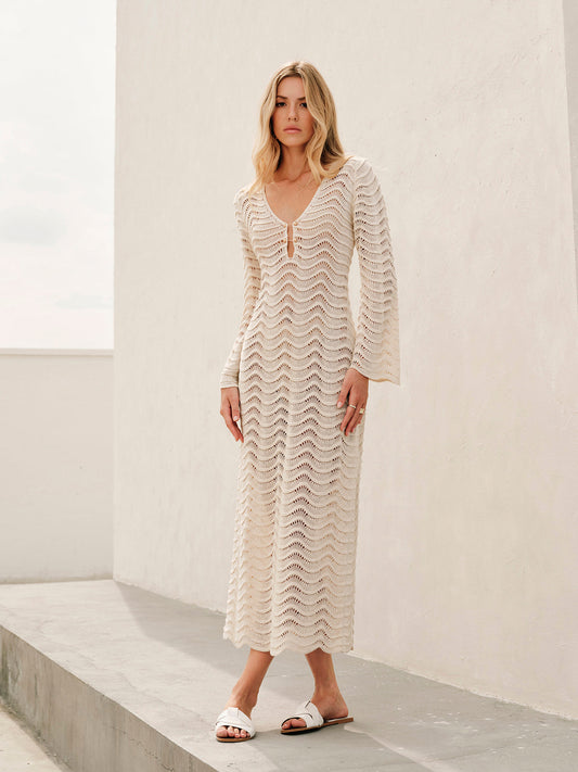 Şık Kesik Detaylı Bağcıklı Metalik Süveter Elbise