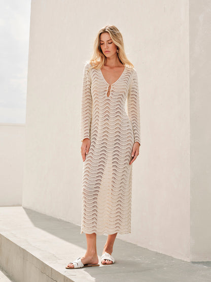 Şık Kesik Detaylı Bağcıklı Metalik Süveter Elbise