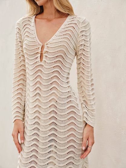 Şık Kesik Detaylı Bağcıklı Metalik Süveter Elbise