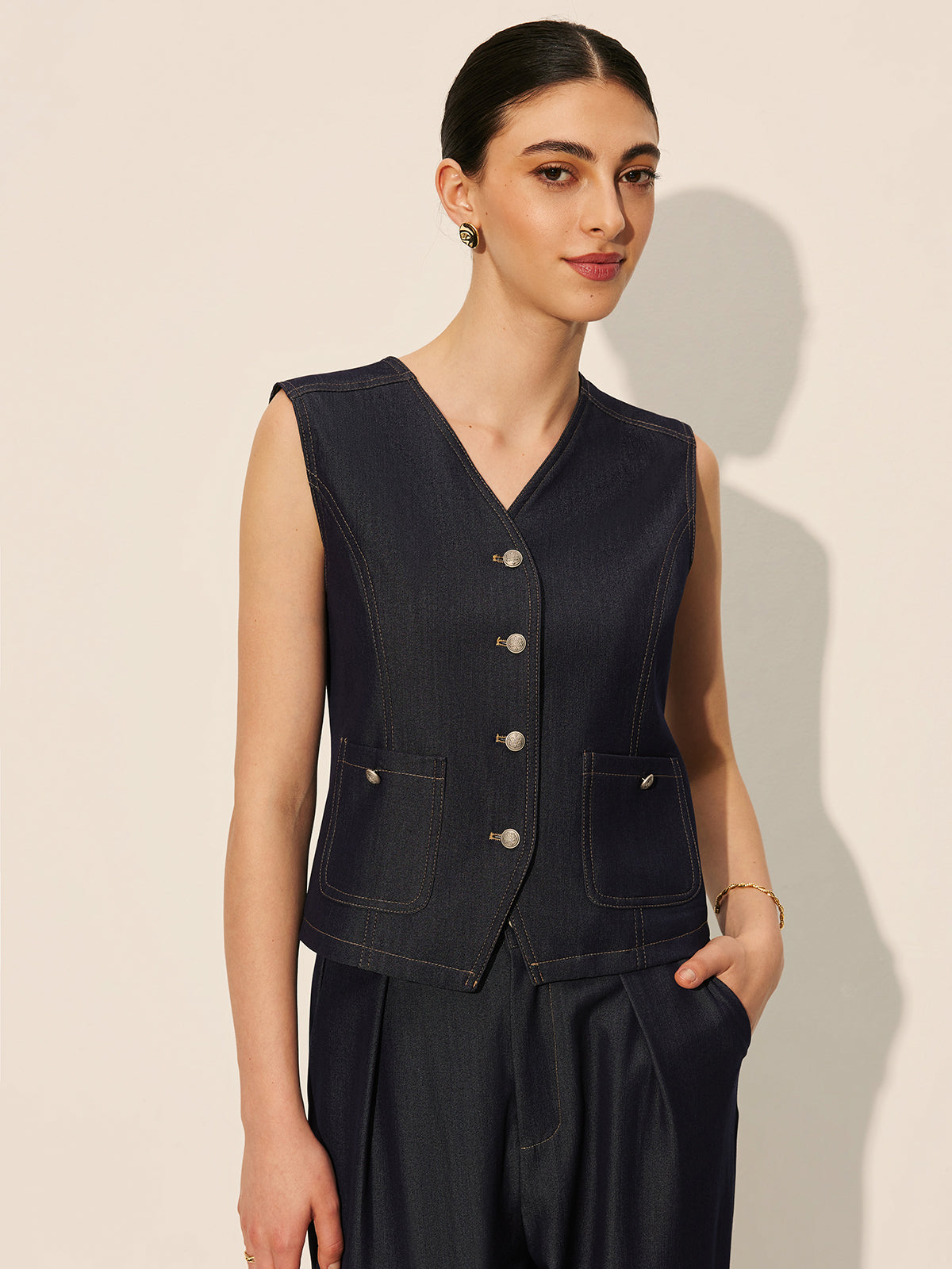 Düğmeli Cepli Denim Yelek Lacivert Kolsuz