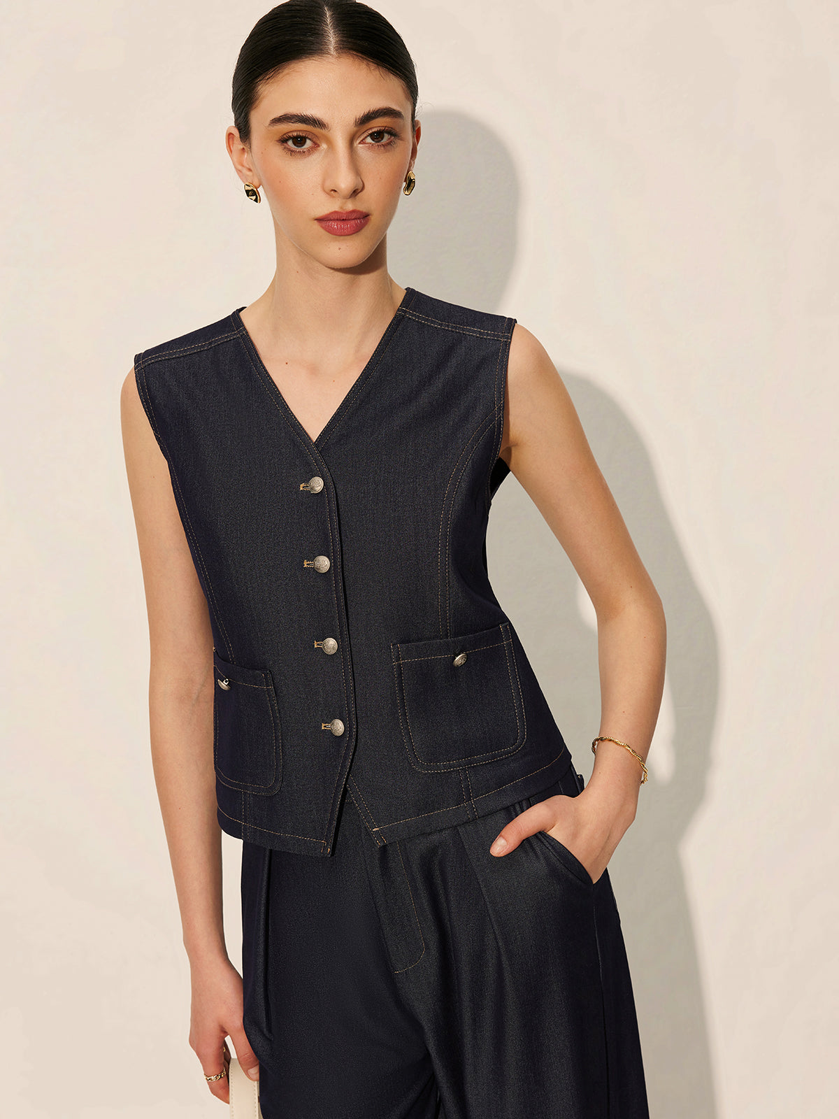 Şık Düğmeli Cepli Jean Yelek