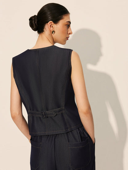 Şık Düğmeli Cepli Jean Yelek