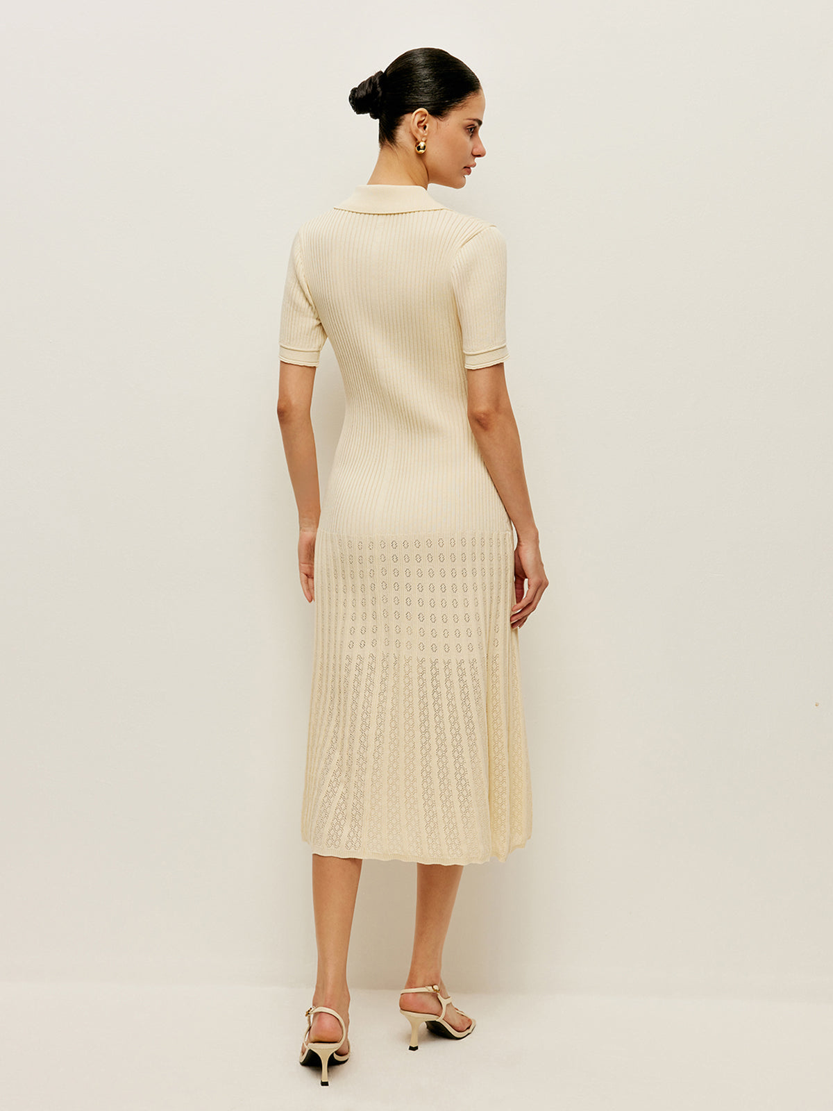 Örgü Polo Yaka Midi Elbise Düğme Detaylı Ekru