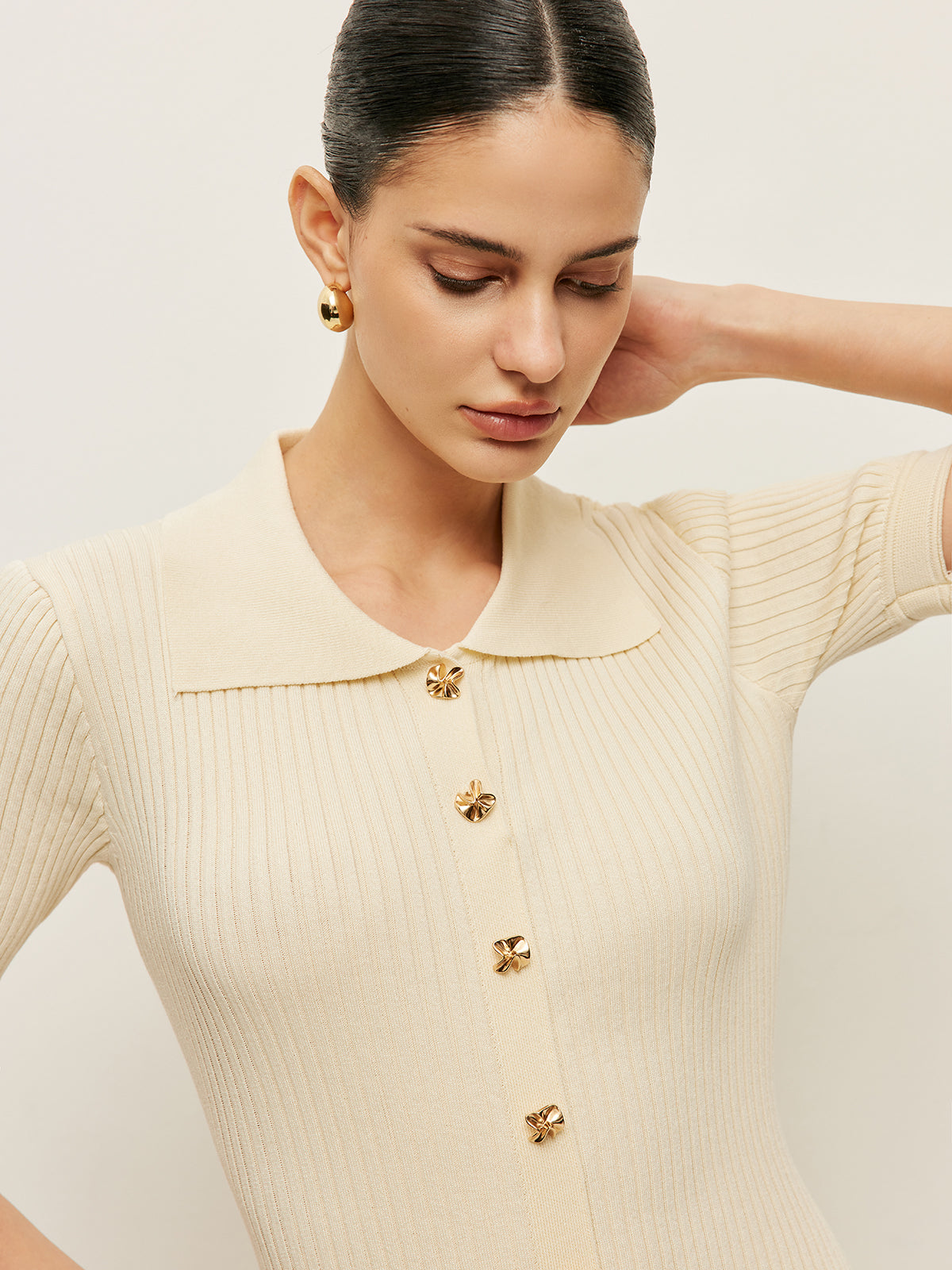 Örgü Polo Yaka Midi Elbise Düğme Detaylı Ekru